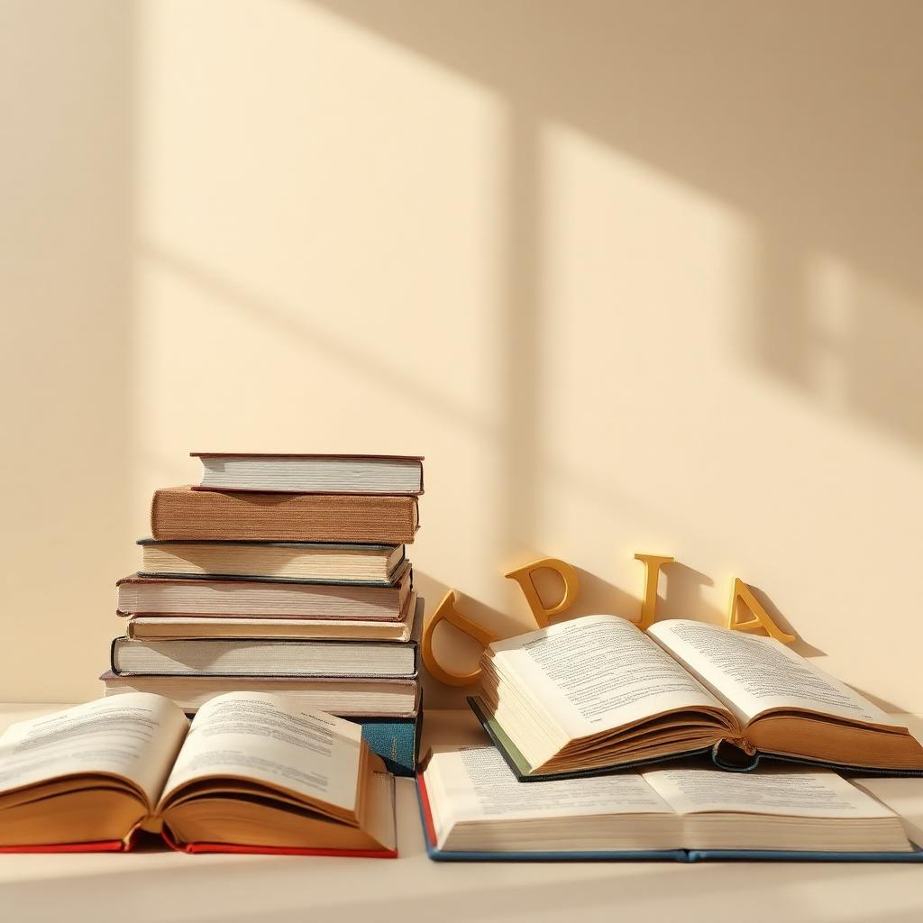Stacked books and open pages in warm light